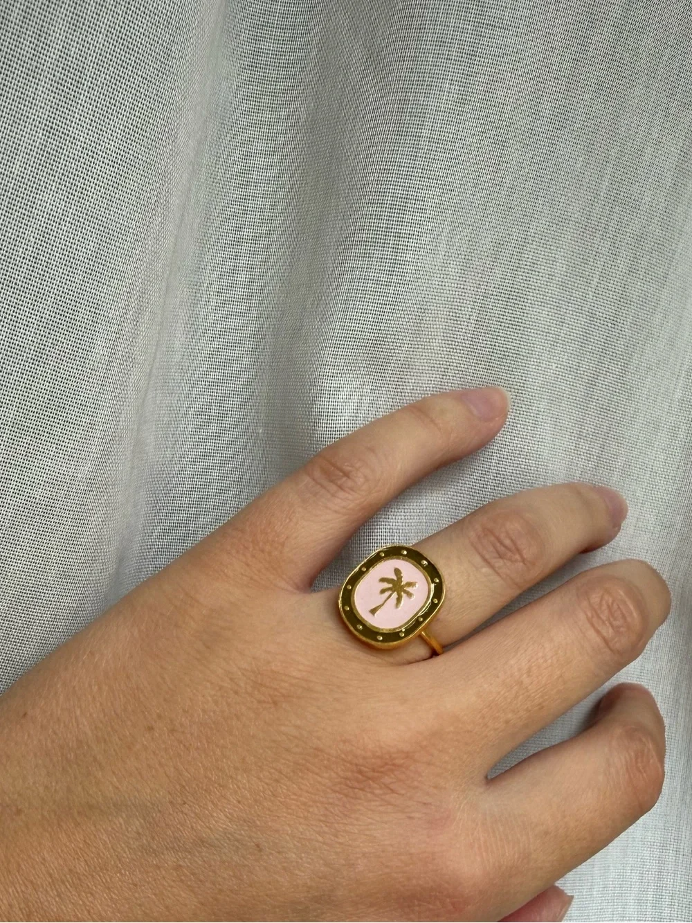 Gold Palm Tree Pink Enamel Ring